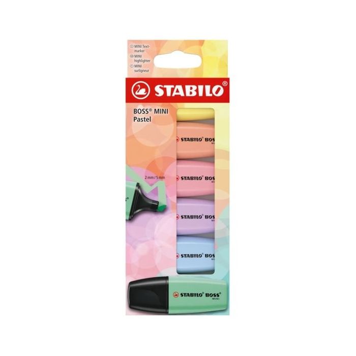 Stabilo Boss Mini Pastel Pack de 6 Marcadores Fluorescentes - Trazo entre 2 y 5mm - Tinta con Base de Agua - Antisecado - Colores Verde, Rosa, Azul, Violeta, Naranja y Amarillo