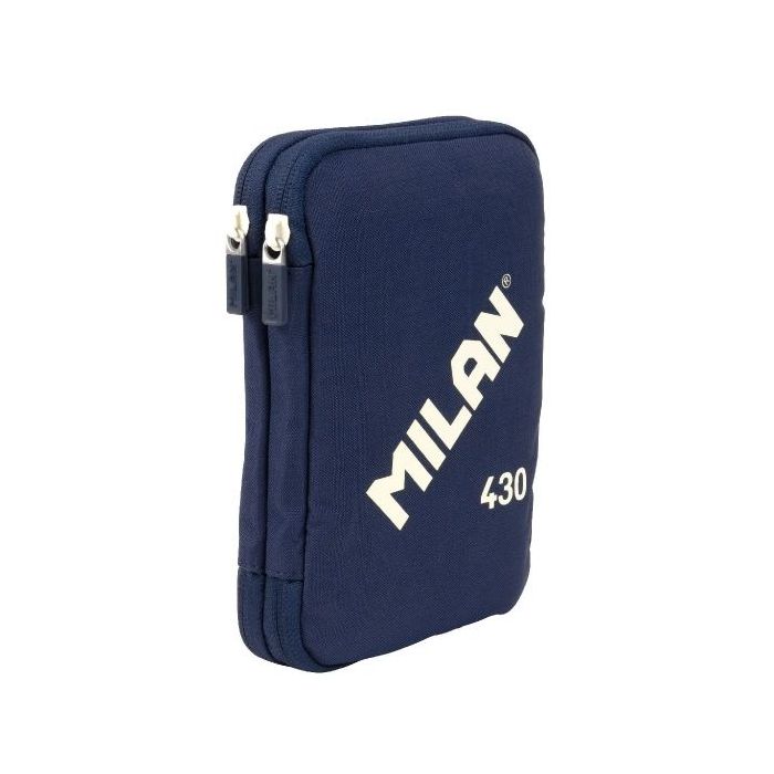 Milan Coleccion 430 Plumier de 2 Pisos con 2 Gomas de Borrar, Sacapuntas, Lapiz, Boligrafo P1 Touch Azul, Regla, 12 Lapices de Colores y 18 Rotuladores - Color Azul