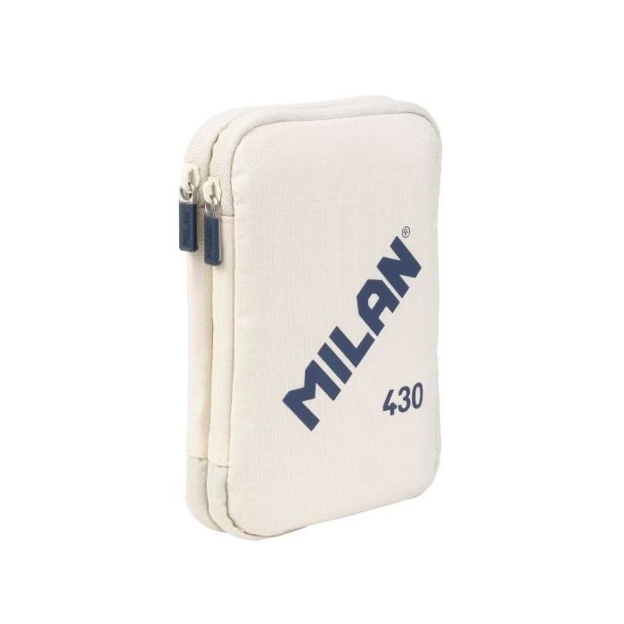 Milan Coleccion 430 Plumier de 2 Pisos con 2 Gomas de Borrar, Sacapuntas, Lapiz, Boligrafo P1 Touch Azul, Regla, 12 Lapices de Colores y 18 Rotuladores - Color Beige