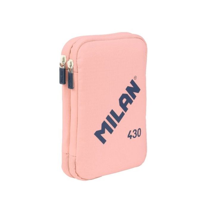 Milan Coleccion 430 Plumier de 2 Pisos con 2 Gomas de Borrar, Sacapuntas, Lapiz, Boligrafo P1 Touch Azul, Regla, 12 Lapices de Colores y 18 Rotuladores - Color Rosa
