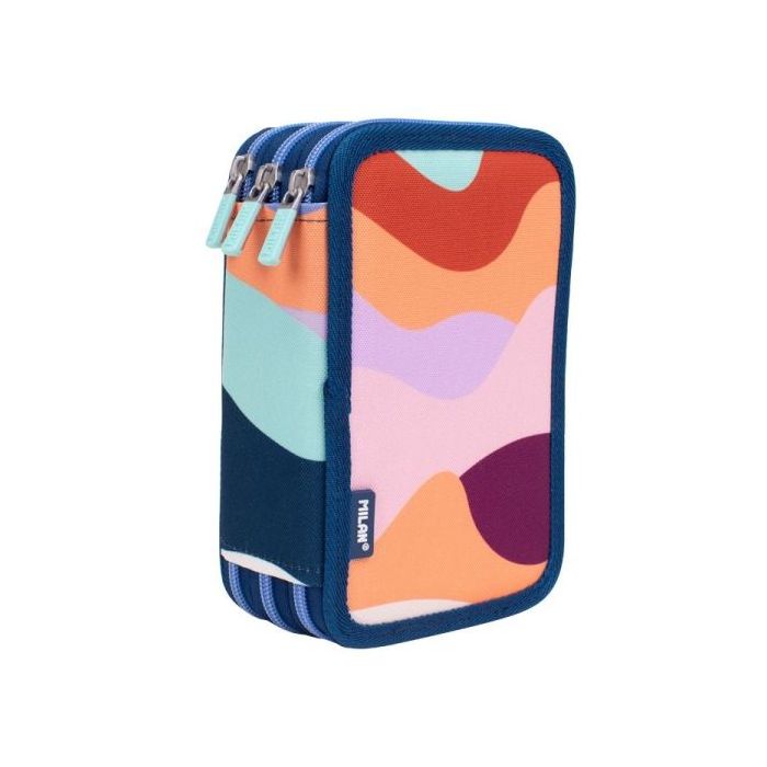 Milan The Fun Plumier de 3 Pisos con Goma de Borrar, Sacapuntas, Lapiz, 3 Boligrafos Capsule, Regla, 12 Lapices de Colores, 6 Lapices de Colores Metalizados, 5 Fluorescentes, Tijeras y 18 Rotuladores