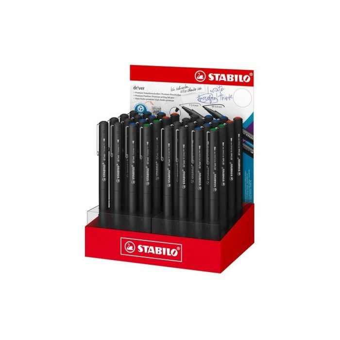 Stabilo Dr!ver Expositor con 32 Rotuladores Surtidos de Punta Media 0.8mm y Fina 0.4mm - Tinta a Prueba de Manchas, Inodora y con Base al Agua - Fabricado con 94% de Bioplastico - Colores Surtidos