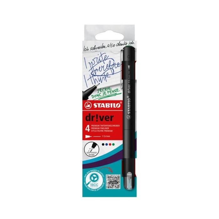 Stabilo Dr!ver Pack de 4 Rotuladores de Punta Fina 0.4mm - Tinta a Prueba de Manchas, Inodora y con Base al Agua - Fabricado con 94% de Bioplastico - Colores Surtidos