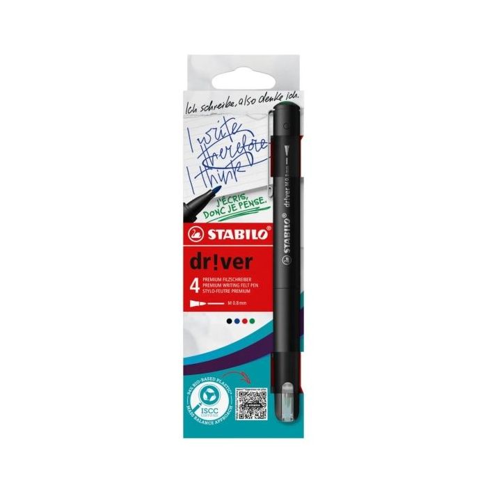 Stabilo Dr!ver Pack de 4 Rotuladores de Punta Media 0.8mm - Tinta a Prueba de Manchas, Inodora y con Base al Agua - Fabricado con 94% de Bioplastico - Colores Surtidos