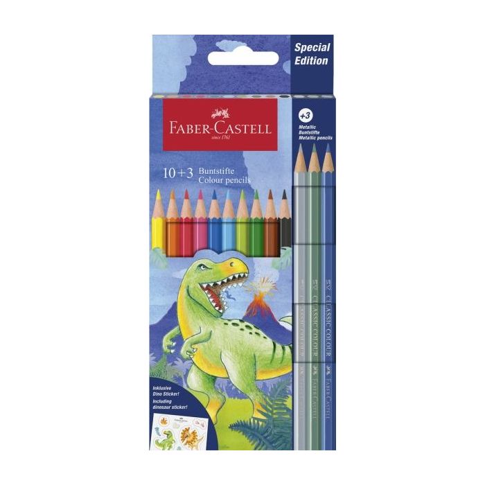 Faber-Castell Edicion Dinosaurios Pack de 13 Lapices de Colores Hexagonales - 10 Colores Clasicos + 3 Colores Metalizados - Incluye Pegatinas de Dinosaurios - Resistencia a la Rotura - Colores Surtidos
