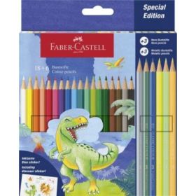 Faber-Castell Edicion Dinosaurios Pack de 24 Lapices de Colores Hexagonales - 18 Colores Clasicos + 3 Colores Neon + 3 Colores Metalizados - Incluye Pegatinas de Dinosaurios - Resistencia a la Rotura - Colores Surtidos