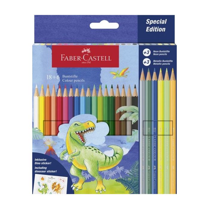 Faber-Castell Edicion Dinosaurios Pack de 24 Lapices de Colores Hexagonales - 18 Colores Clasicos + 3 Colores Neon + 3 Colores Metalizados - Incluye Pegatinas de Dinosaurios - Resistencia a la Rotura - Colores Surtidos