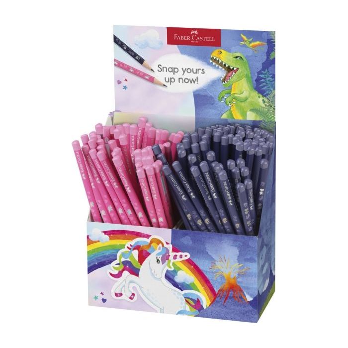Faber-Castell Expositor de 144 Lapices de Grafito HB - Diseños con Motivos de Dinosaurios y Unicornios - Colores Surtidos