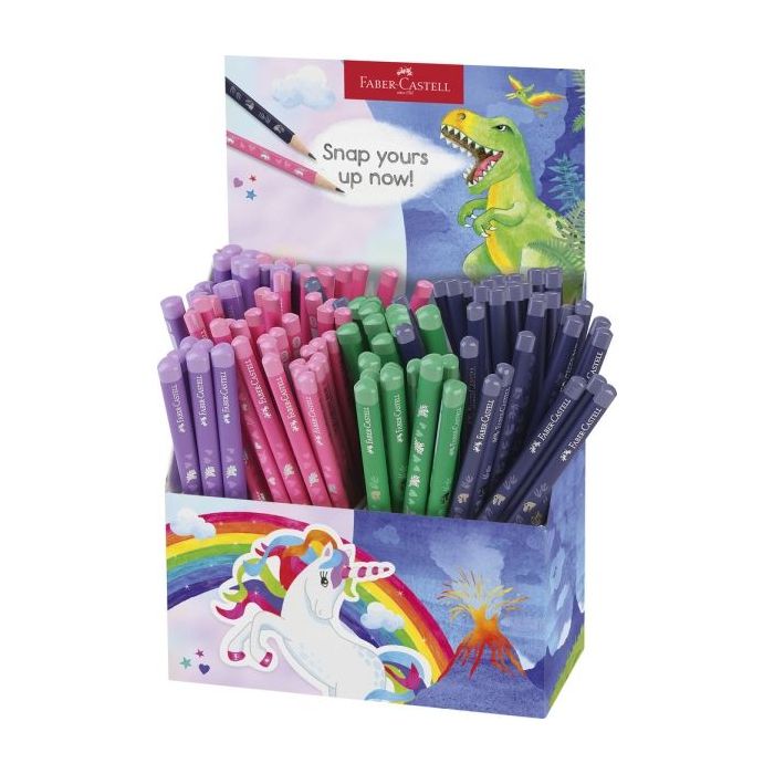 Faber-Castell Expositor de 120 Lapices de Grafito HB - Diseños con Motivos de Dinosaurios y Unicornios - Colores Surtidos