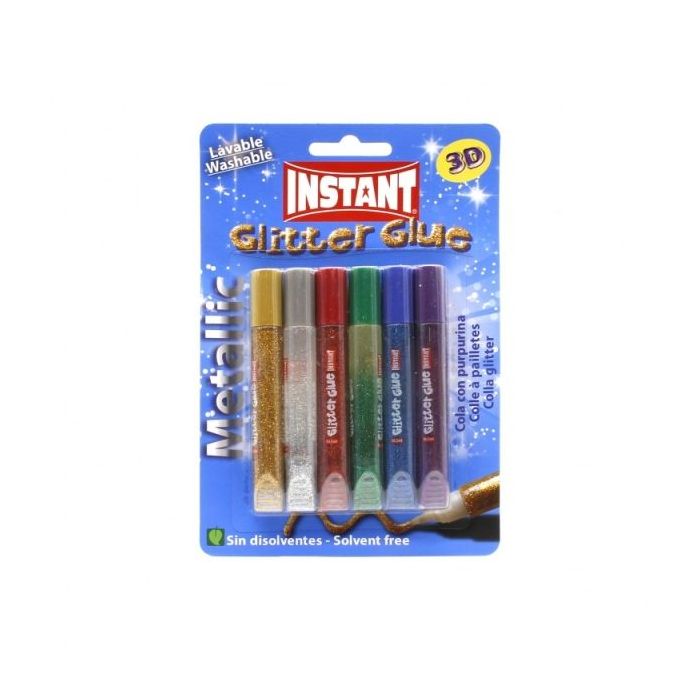 Instant Glitter Glue Metallic Pack de 6 Tubos de Pegamento con Purpurina 10.5ml - Para Distintas Superficies - Sin Disolventes - Colores Metalicos Surtidos