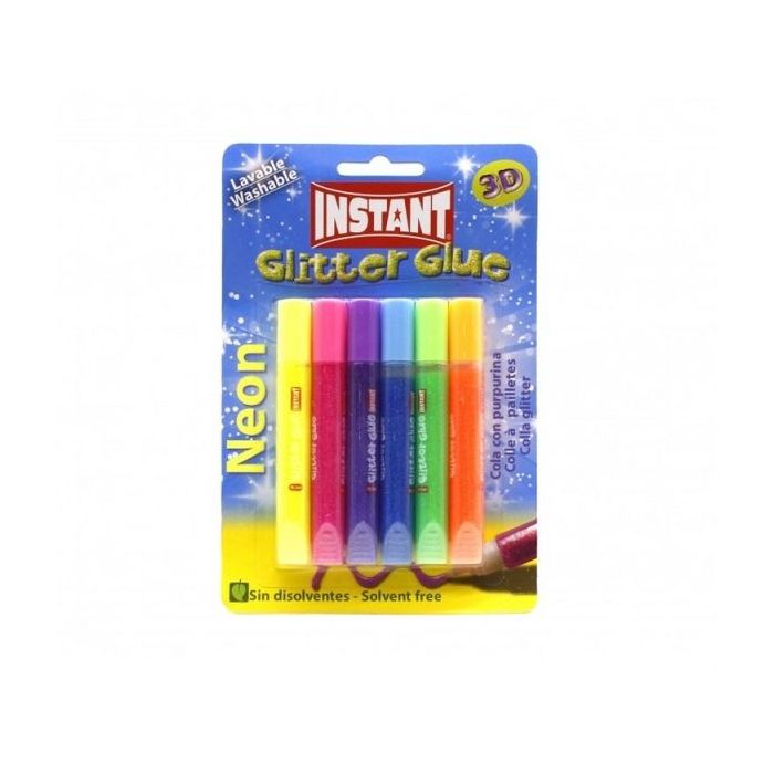 Instant Glitter Glue Neon Pack de 6 Tubos de Pegamento con Purpurina 10.5ml - Para Distintas Superficies - Sin Disolventes - Colores Neon Surtidos