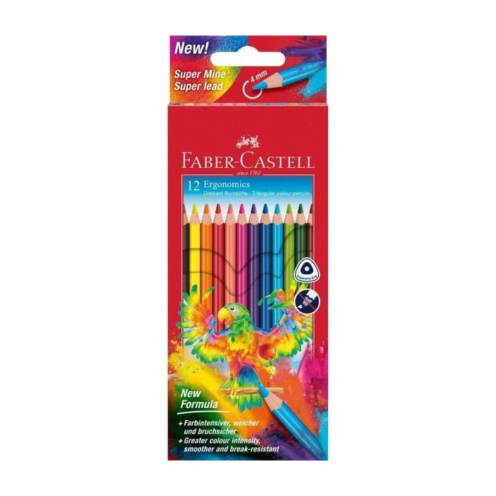 Faber-Castell Super Mine Ergonomics Pack de 12 Lapices de Colores Triangulares Ergonomicos - Mina de 4mm - Resistencia a la Rotura - Colores Surtidos