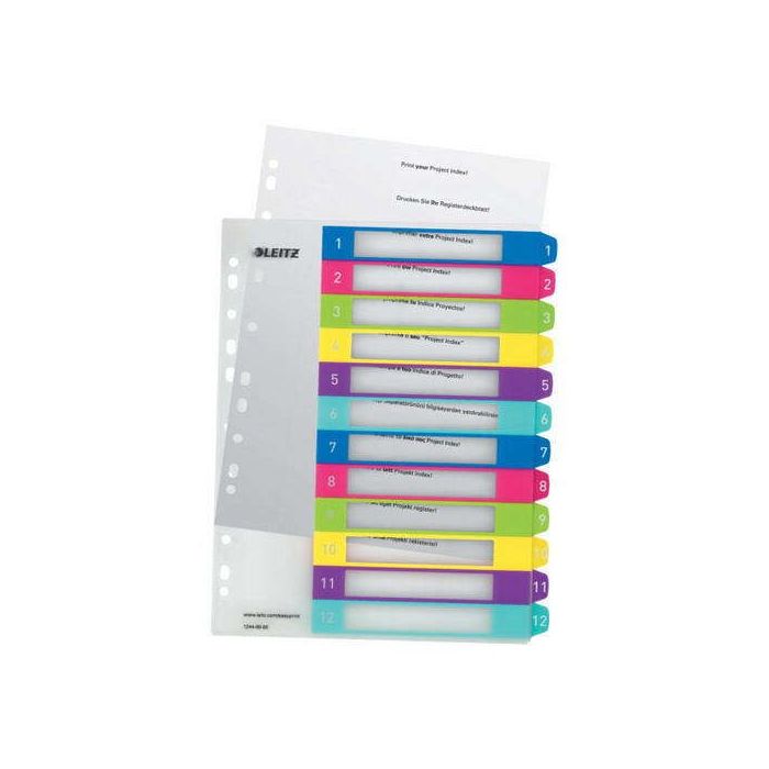 Leitz WOW Indice de Plastico Imprimible Multicolor 12 Pestañas - Multitaladro - Formato A4 - Color Translucido