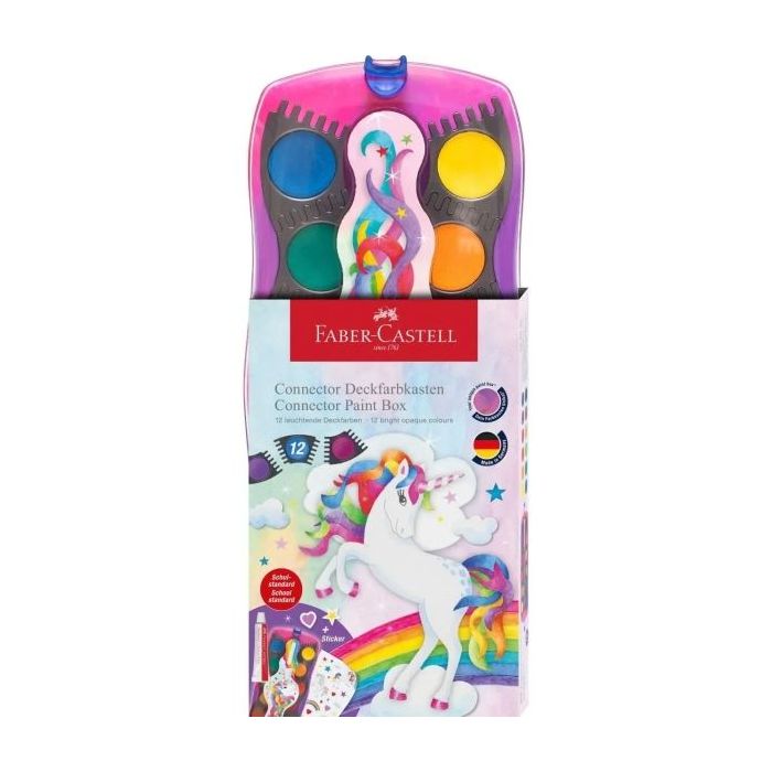 Faber-Castell Connector Unicornio Pack de 12 Acuarelas en Pastilla + Pintura Blanca Opaca + Pegatinas - Gran Opacidad - Facilmente Mezclables - Colores Surtidos