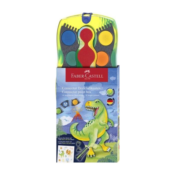 Faber-Castell Connector Dinosaurio Pack de 12 Acuarelas en Pastilla + Pintura Blanca Opaca + Pegatinas - Gran Opacidad - Facilmente Mezclables - Colores Surtidos