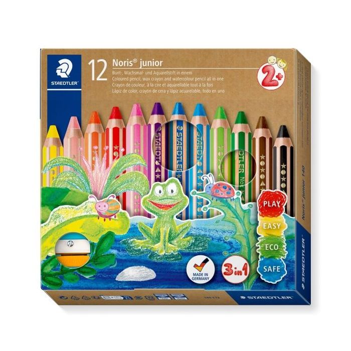 Staedtler Noris Junior Pack de 12 Lapices de Colores Extragruesos + Sacapuntas - 3 en 1, Lapiz, Cera y Acuarelable - Colores Surtidos