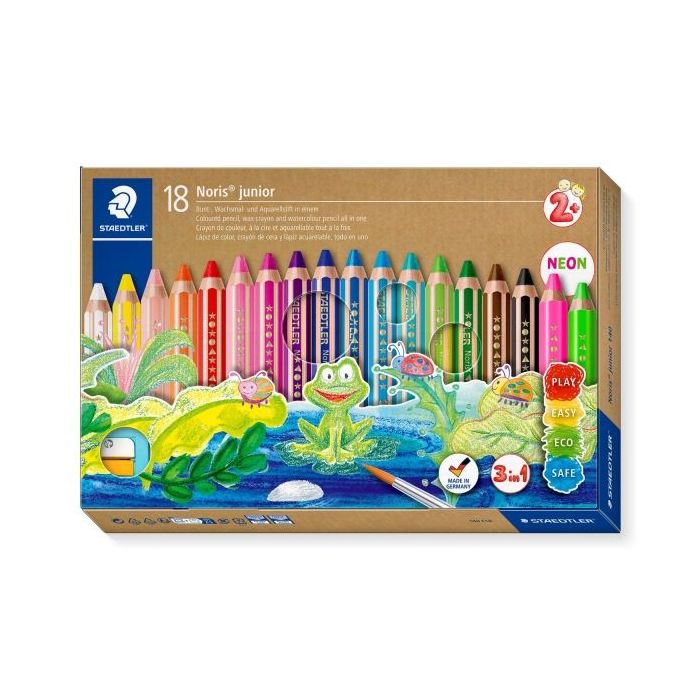 Staedtler Noris Junior Pack de 18 Lapices de Colores Extragruesos + Sacapuntas + Pincel - 3 en 1, Lapiz, Cera y Acuarelable - Colores Surtidos