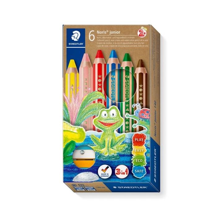 Staedtler Noris Junior Pack de 6 Lapices de Colores Extragruesos + Sacapuntas - 3 en 1, Lapiz, Cera y Acuarelable - Colores Surtidos