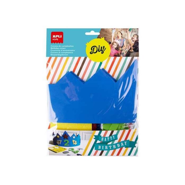 Apli Kids Corona de Cumpleaños de Goma EVA - Incluye Numeros Adhesivos del 0 al 9 y 24 Formas de Goma EVA Adhesiva con Purpurina - Ajustable y Reversible - Color Azul