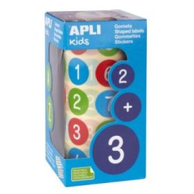 Apli Rollo de 900 Gomets Redondos con Numeros Ø 20 mm - Adhesivo Removible Base Agua - Fomenta Aprendizaje - Libre de Disolventes - Colores Surtidos