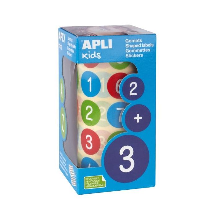 Apli Rollo de 900 Gomets Redondos con Numeros Ø 20 mm - Adhesivo Removible Base Agua - Fomenta Aprendizaje - Libre de Disolventes - Colores Surtidos