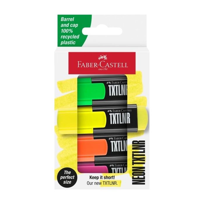 Faber-Castell TXTLNR Pack de 4 Marcadores Fluorescentes - Punta Biselada - Trazo entre 1, 2 y 5 mm - Tinta con Base de Agua - Colores Neon Surtidos