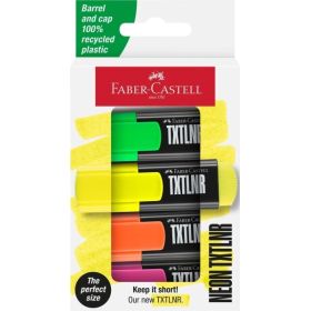 Faber-Castell TXTLNR Pack de 4 Marcadores Fluorescentes - Punta Biselada - Trazo entre 1, 2 y 5 mm - Tinta con Base de Agua - Colores Neon Surtidos