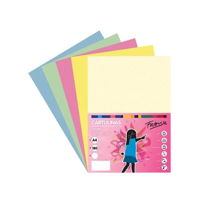 Fabrisa Pack de 50 Cartulinas 180 g/m² - Tamaño A4 - Colores Pastel Surtidos