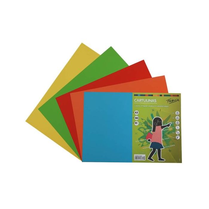 Fabrisa Pack de 50 Cartulinas 180 g/m² - Tamaño A3 - Colores Fuertes Surtidos