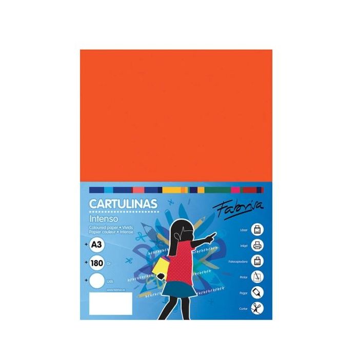Fabrisa Pack de 25 Cartulinas 180 g/m² - Tamaño A3 - Color Naranja