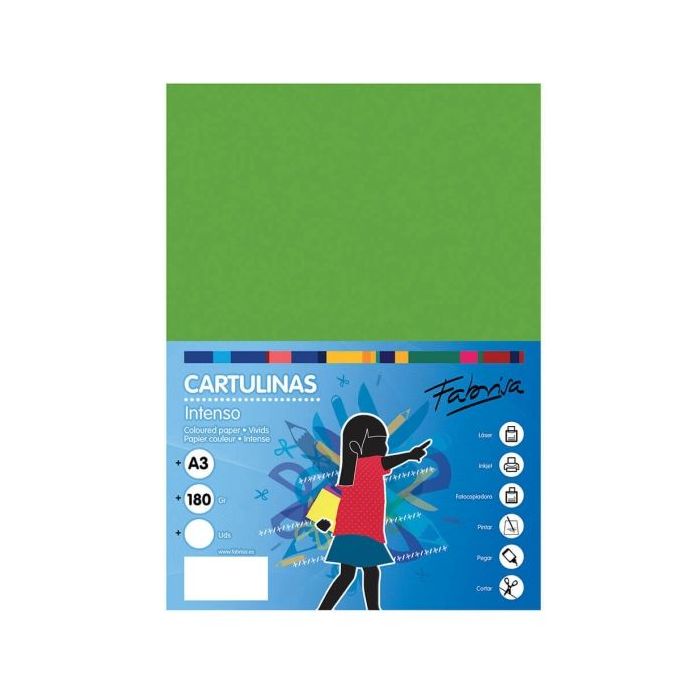 Fabrisa Pack de 25 Cartulinas 180 g/m² - Tamaño A3 - Color Verde Fuerte