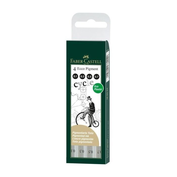 Faber-Castell Ecco Pigment Pack de 4 Rotuladores Calibrados 0.1, 0.3, 0.5, 0.7mm - Punta Engastada en Metal - Tinta Pigmentada Resistente al Agua y a la Luz - Color Negro