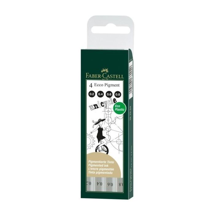 Faber-Castell Ecco Pigment Pack de 4 Rotuladores Calibrados 0.2, 0.4, 0.6, 0.8mm - Punta Engastada en Metal - Tinta Pigmentada Resistente al Agua y a la Luz - Color Negro