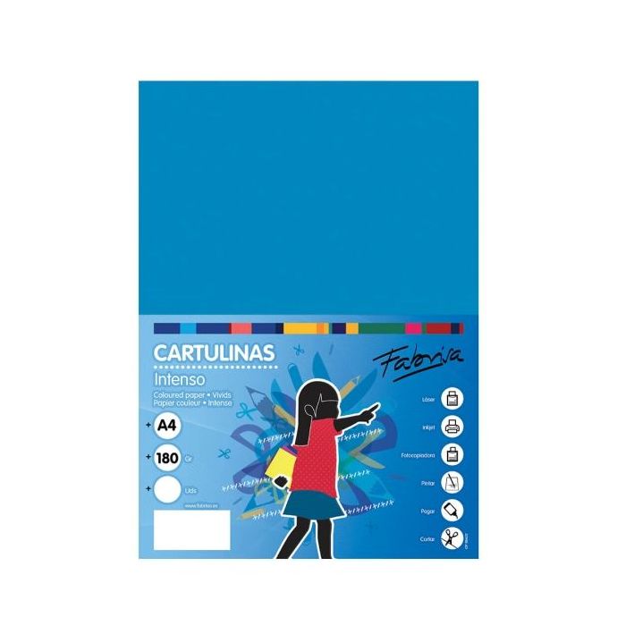 Fabrisa Pack de 50 Cartulinas 180 g/m² - Tamaño A4 - Color Azul Medio