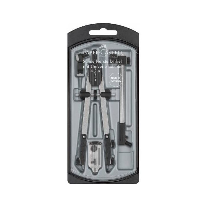 Faber-Castell Compas de Ajuste Rapido con Alargadera - Articulaciones en ambos Brazos - Accesorios de Recambio - Adaptador Universal