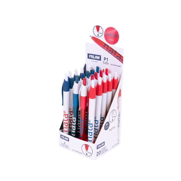 Milan P1 Nata® 624 Expositor de 20 Boligrafos de Bola Retractiles - Punta Redonda 1mm - Tinta Color Azul - Cuerpo de Colores Surtidos