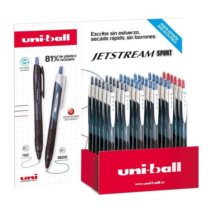 Uni-ball JetStream Sport SXN-150E Expositor con 36 Boligrafos de Tinta Pigmentada - Punta de Bola 1mm - Retractil - Secado Instantaneo - Ideal para Zurdos - Colores Surtidos