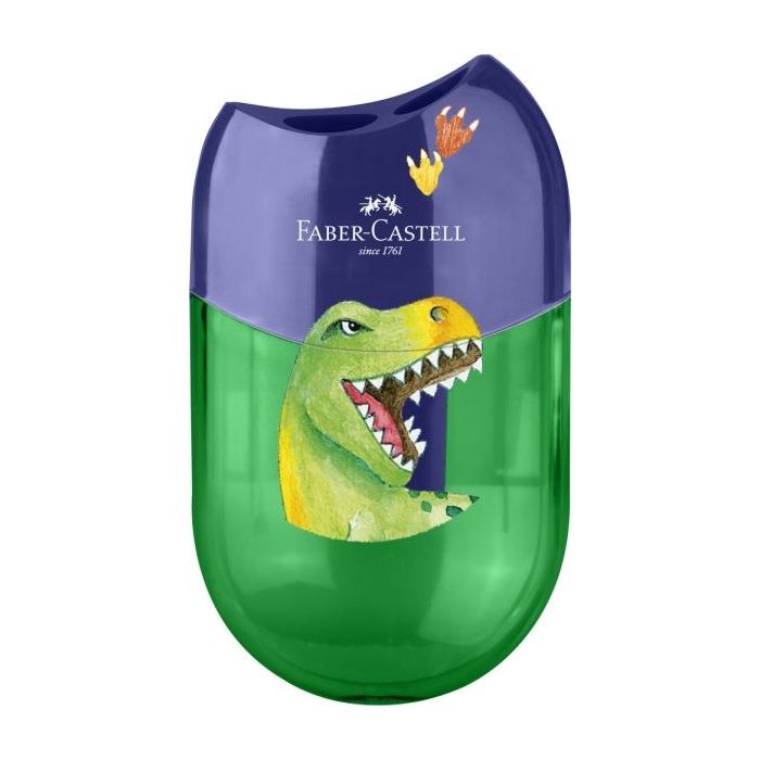 Faber-Castell Dinosaurio Sacapuntas de 2 Orificios con Deposito - Diseño Atractivo de Dinosaurio - Color Verde/Azul