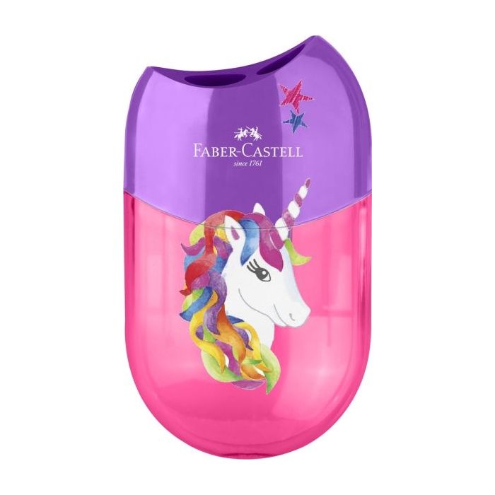 Faber-Castell Unicornio Sacapuntas de 2 Orificios con Deposito - Diseño Atractivo de Unicornio - Color Rosa/Violeta