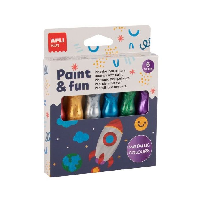 Apli Kids Pack de 6 Temperas en Tubo con Pincel 13ml - Practico y Sin Limpieza - Fomenta Creatividad y Colaboracion - Colores Surtidos Metalizados