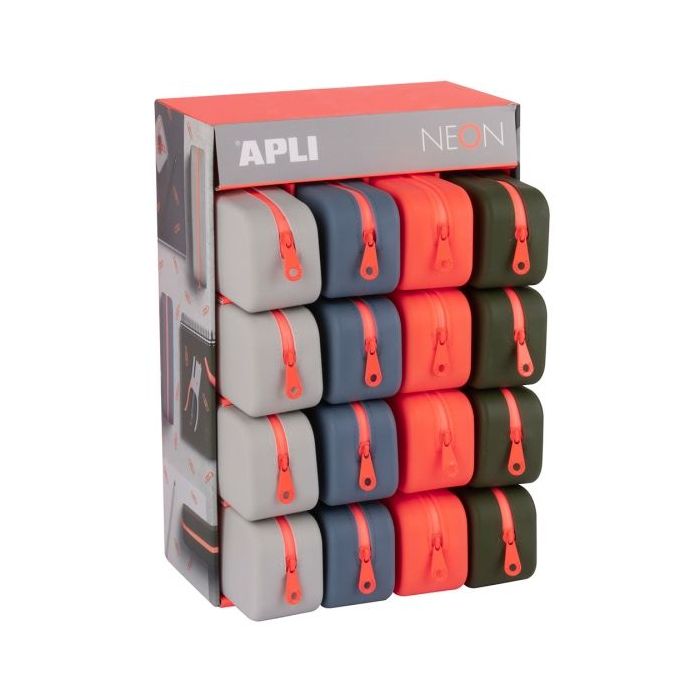 Apli Neon Expositor de 16 Estuches de Silicona Rectangular - Cremallera Repelente al Agua - Medidas 75x185x55mm - Colores Surtidos