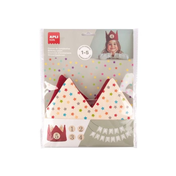 Apli Kids Corona de Cumpleaños - Con Numeros del 1 al 5 - Ajustable y Reversible - Fabricada en Tela - Color Rojo y con Estrellas