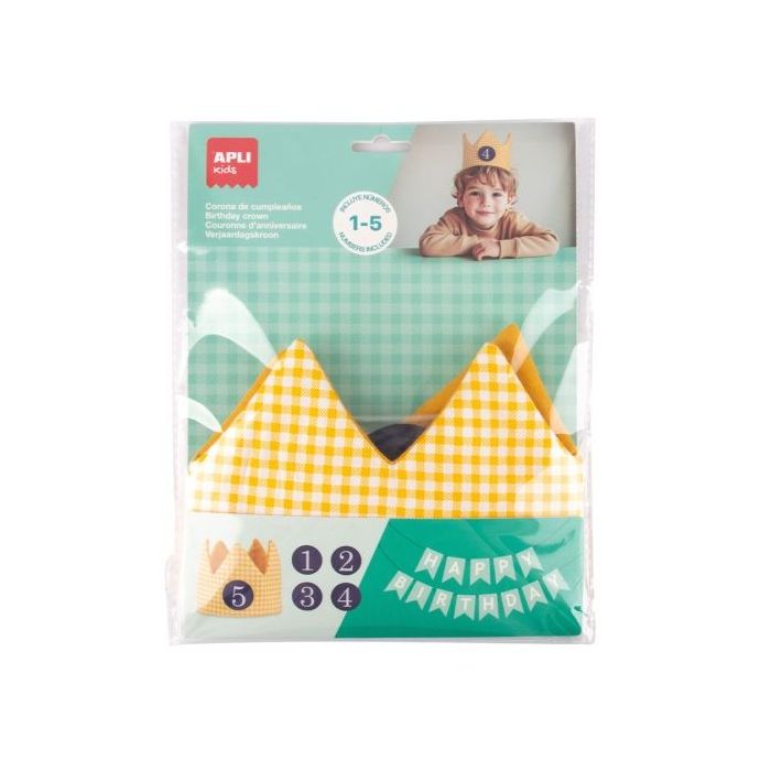 Apli Kids Corona de Cumpleaños - Con Numeros del 1 al 5 - Ajustable y Reversible - Fabricada en Tela - Color Amarillo y con Cuadros
