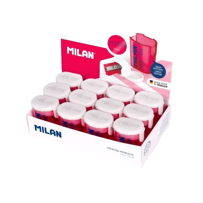 Milan Nata® 624 Expositor de 12 Sacapuntas con Deposito - Cuchilla de Acero - Color Blanco/Rosa