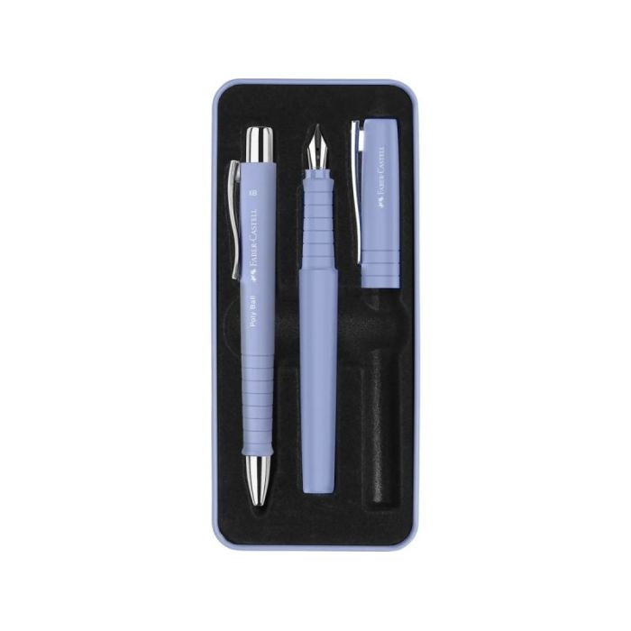 Faber-Castell Poly Pack de Boligrafo Poly Ball y Pluma Estilografica Poly Pen con Plumin B - Clip de Metal - Color Azul Claro