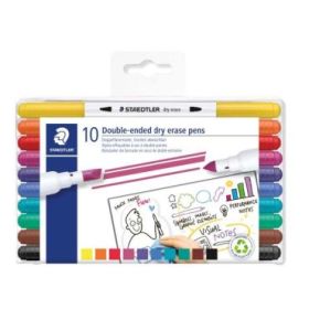 Staedtler Lumocolor 3010 Pack de 10 Marcadores para Pizarra Blanca - Doble Punta Biselada y Conica - Tinta Base de Agua - Colores Surtidos