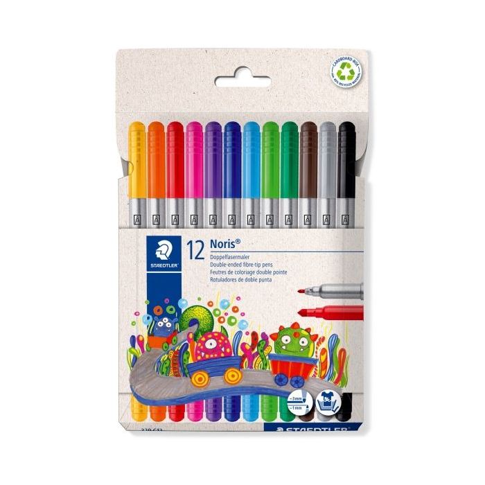 Staedtler Noris 320 Pack de 12 Rotuladores - Doble Punta de Fibra - Trazos 1 y 3mm - Tapa Ventilada - Colores surtidos