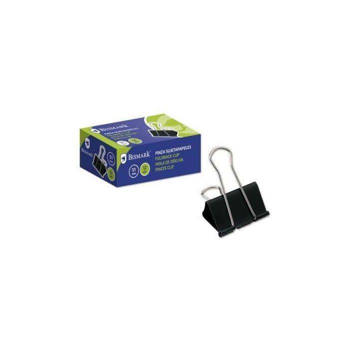 Bismark Pack de 12 Pinzas Sujetapapeles Metalicas de 51mm - Pala Abatible - Color Negro