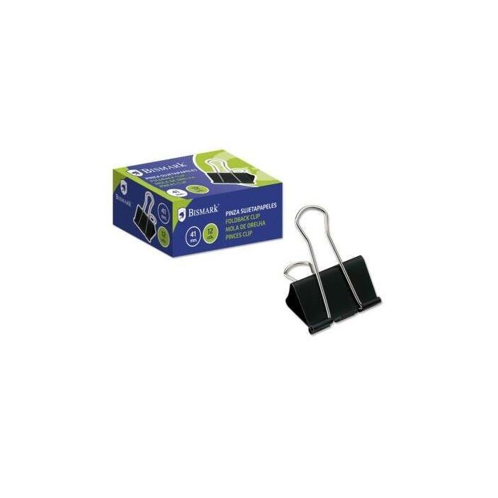 Bismark Pack de 12 Pinzas Sujetapapeles Metalicas de 41mm - Pala Abatible - Color Negro