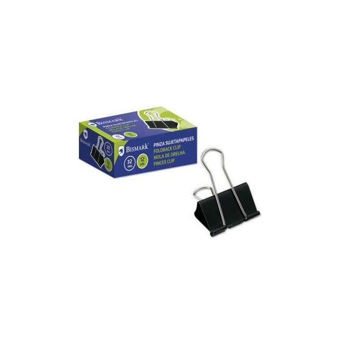 Bismark Pack de 12 Pinzas Sujetapapeles Metalicas de 32mm - Pala Abatible - Color Negro